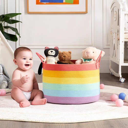 ENAORGAN 70L Rainbow Storage Basket for Blankets in Living Room Baby Kids Woven Rope Toy Basket for Laundry Nursery Hamper Extra Large