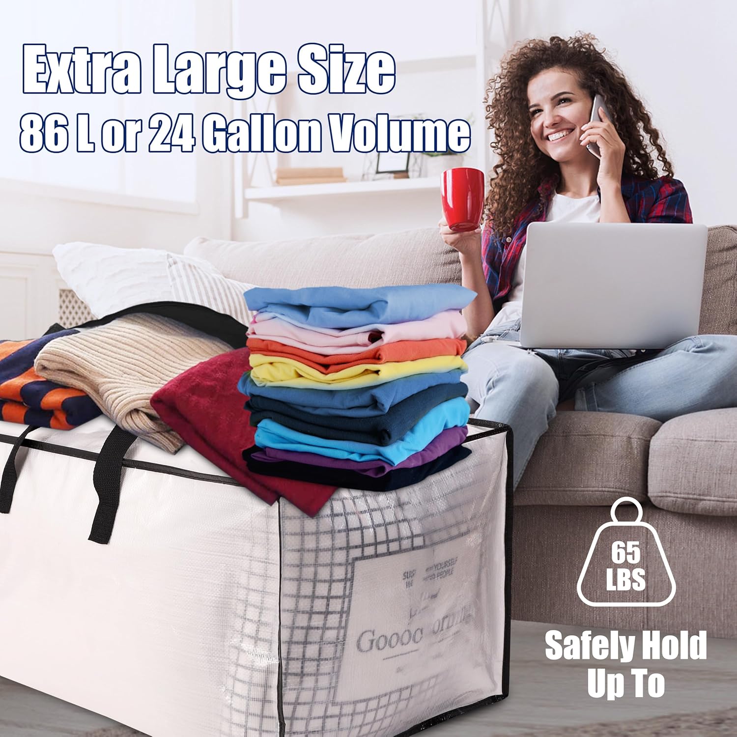 Sweet Dolphin Extra Large Moving Bags - Heavy Duty Storage Totes with Strong Zippers & Handles | 6 Pack, Semi-Transparent