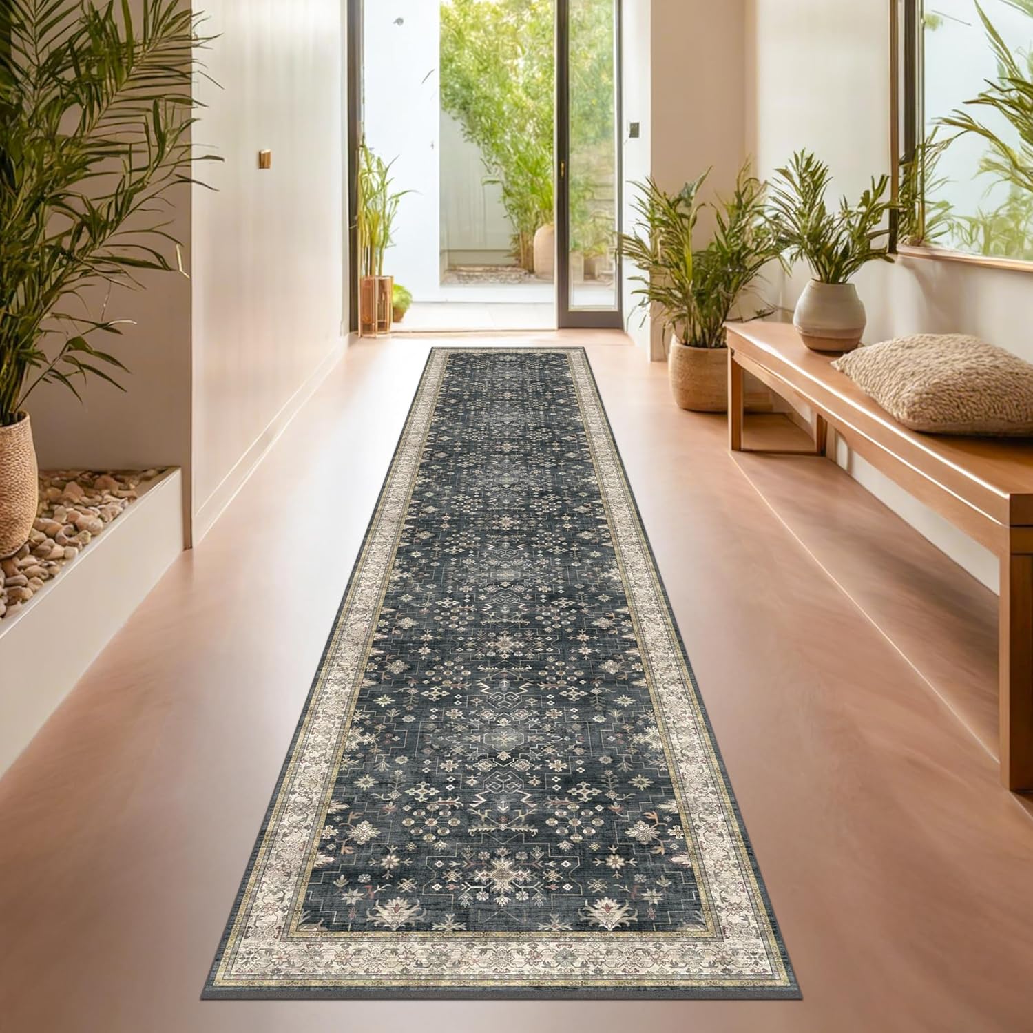 Skiennix Black Boho Washable Hallway Runner Rug - Extra Long Non-Slip Carpet for Kitchen, Bathroom & Entryway