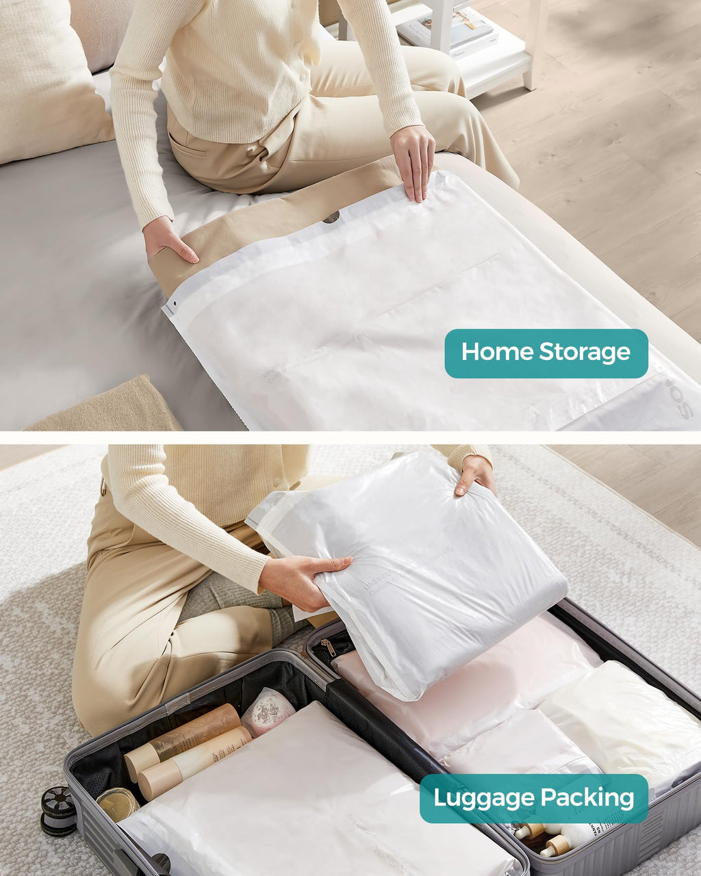 SONGMICS Trash Bags for 12-14.5 Gallon (45-55L) Trash Cans,80 Count Drawstring Kitchen Garbage Bags, Pre-Separated, Liner Code 055A01, 2 Rolls,White UKRB055A02