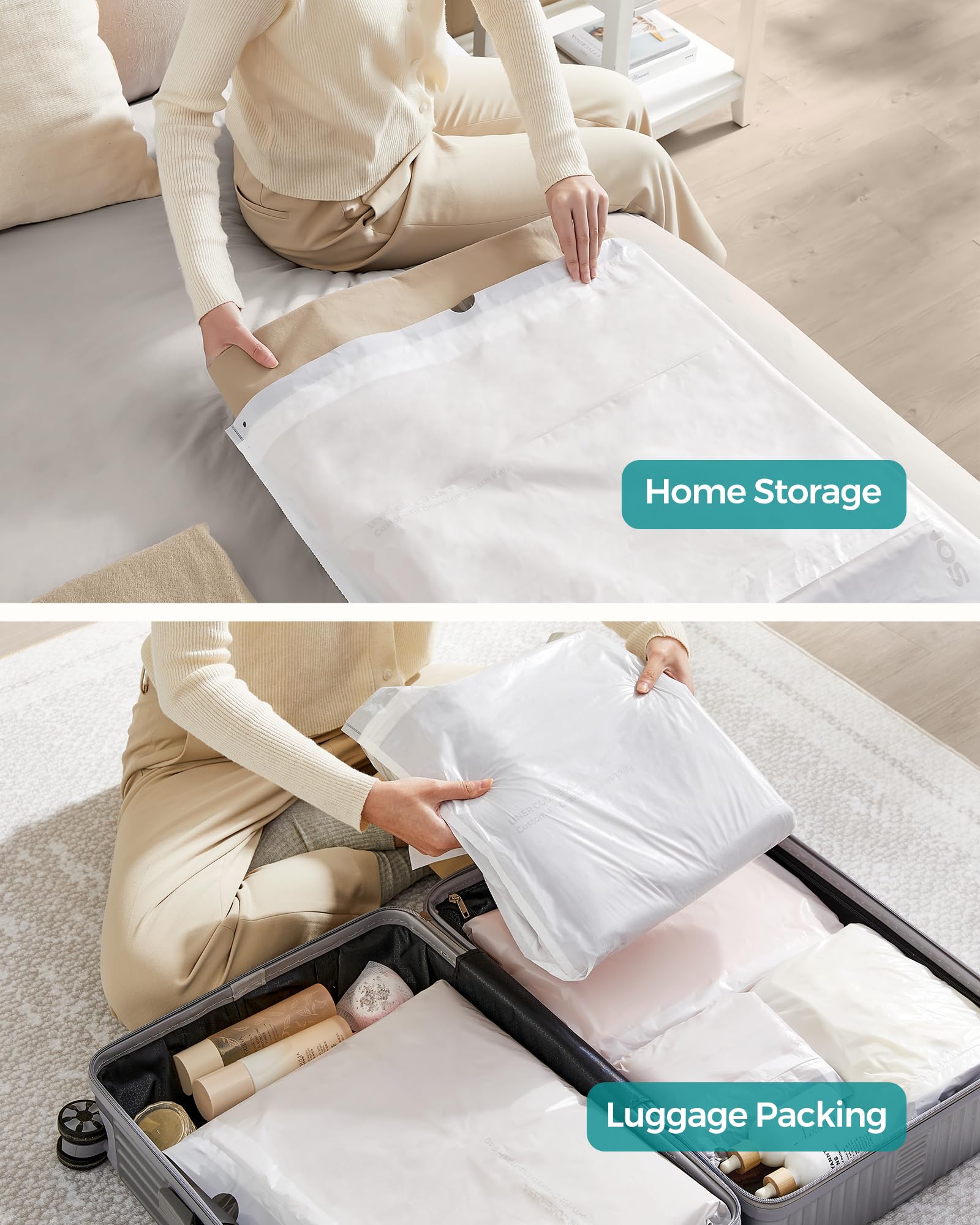 SONGMICS Trash Bags for 12-14.5 Gallon (45-55L) Trash Cans,80 Count Drawstring Kitchen Garbage Bags, Pre-Separated, Liner Code 055A01, 2 Rolls,White UKRB055A02