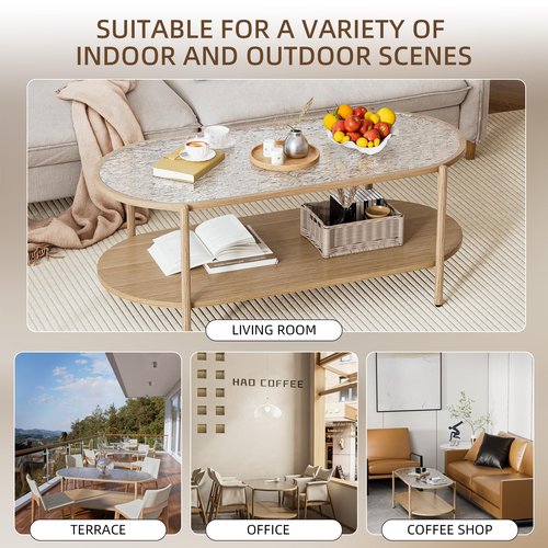 Glass Coffee Table, 44” Tea Dinner Table 2-Tier Oval Center Table Wave Pattern Tempered Glass Table Top With Anti Slip Pads, for Living Room Office Cafe Reception Room Small Space Apartment