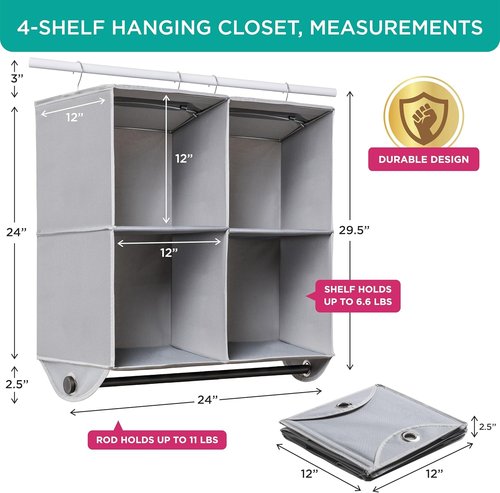 HOLDN’ STORAGE Hanging Closet Organizer - Heavy Duty 4-Shelf Unit with Garment Rod, Grey