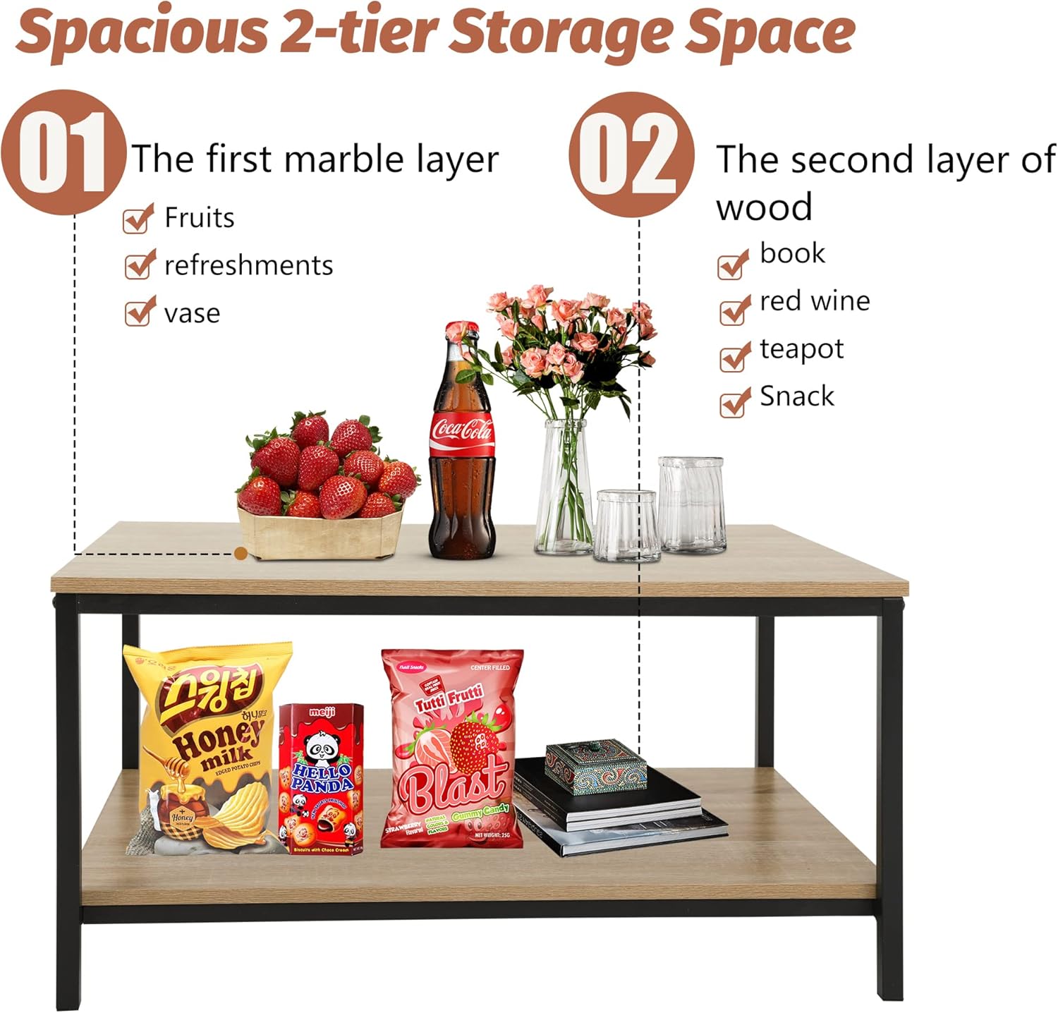 Skiennix 2-Tier Coffee Table - Metal Frame with Wood Finish & Open Storage Shelf | Easy Assembly