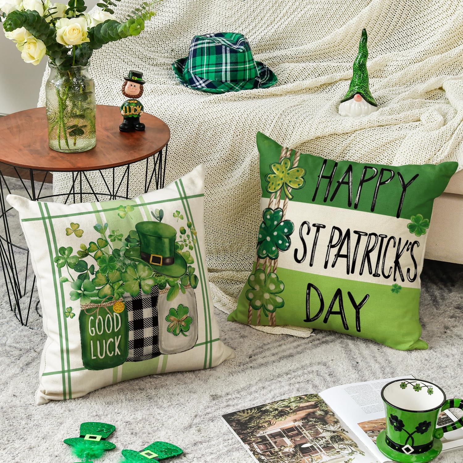 AVOIN colorlife Happy St Patricks Day Clovers Vases Throw Pillow Covers, 18 x 18 Inch Lucky and Blessed Shamrock Truck Decoration for Sofa Couch Set of 4