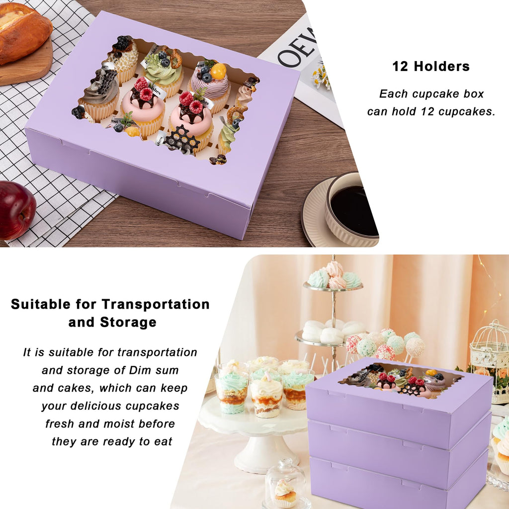 Hoewina 6PCS Cupcake Boxes - Hold 12 Count Cupcake Containers with Window, Food Grade Cupcake Holder Easy Transport and Presentation - Ideal for Cupcakes, Desserts, and More (Light Purple)