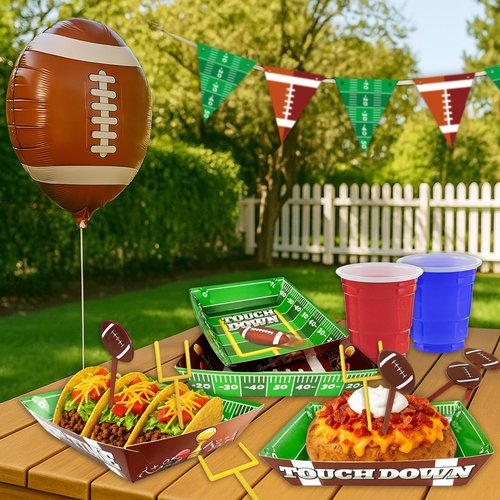 50-Piece Football Party Food Tray Box Kit - 30 Oil-Resistant Paper Snack Trays & 20 Goalpost and Football Picks for Nachos, Popcorn, Chips at Game Day, Tailgate, College Games and Sports Birthdays