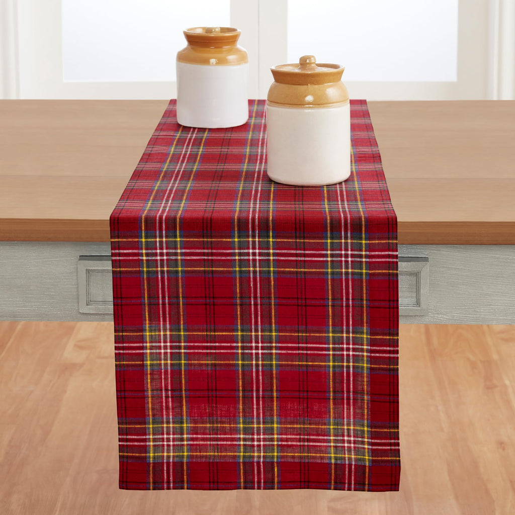Solino Home Table Runner 90 Inches Long - 100% Pure Linen Red Classic Tartan Plaid Table Runner 14 x 90 Inch for Dining