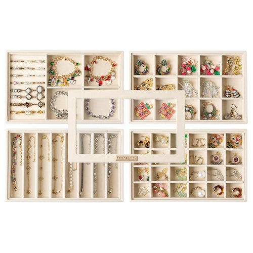 Frebeauty Stackable Jewelry Trays,Velvet Jewelry Organizer for Drawer,5-in-1 Jewelry Storage Box with Lid,Vanity Jewelry Display for Earrings Necklaces Rings,10.5 x 6.5 x 5.55 Inches,Gift for Women