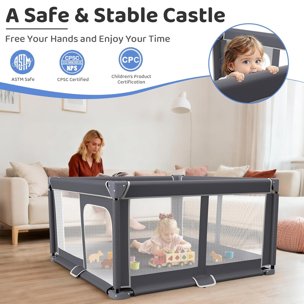 Skiennix Foldable Baby Playpen - 50"x50" Portable Safety Play Yard for Indoor & Outdoor Use - Dark Gray