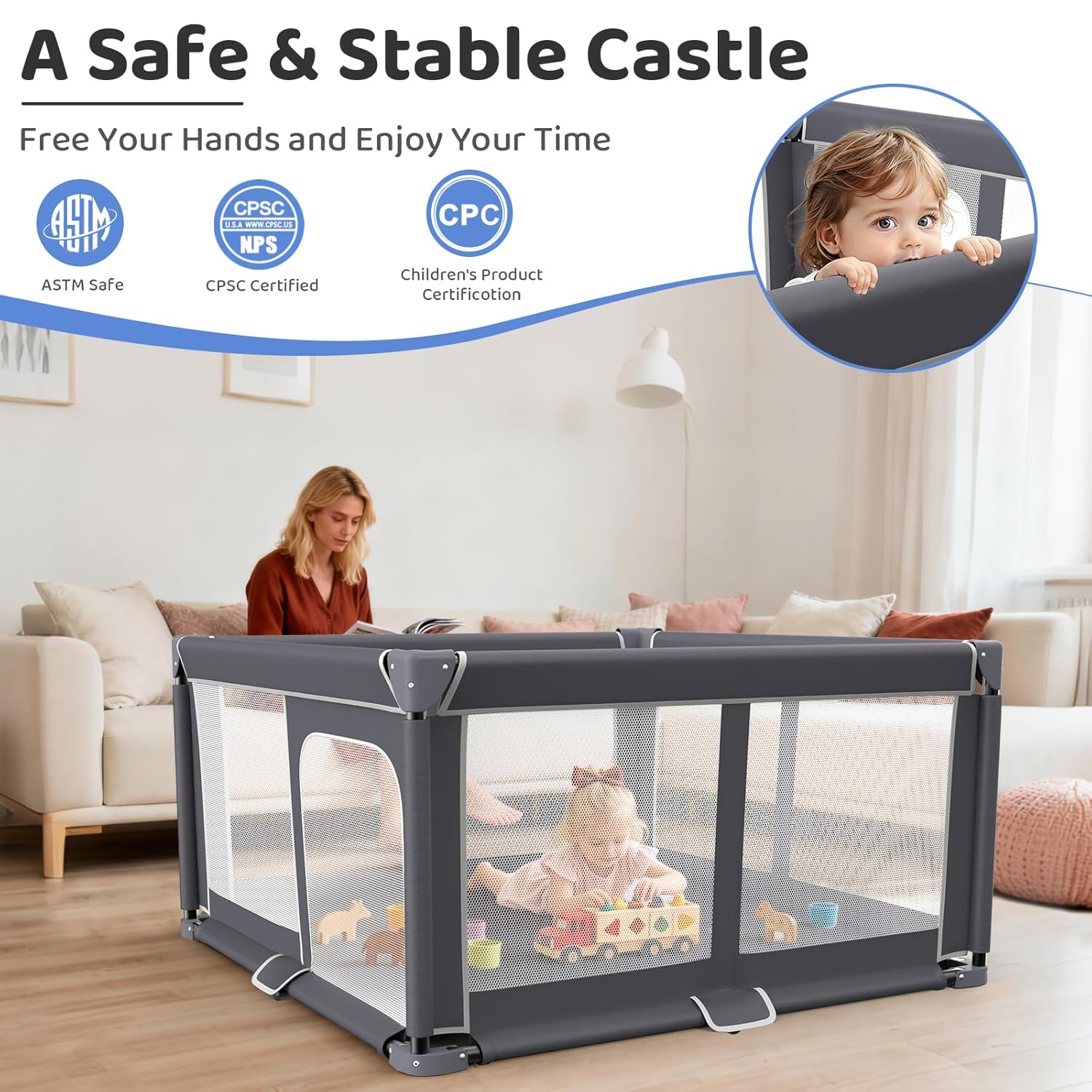 Skiennix Foldable Baby Playpen - 50"x50" Portable Safety Play Yard for Indoor & Outdoor Use - Dark Gray