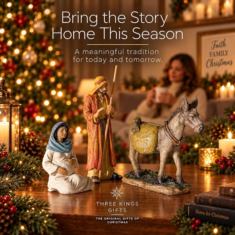 Traveling Holy Family Nativity Figurine Set – 7 Inch Mary Joseph & Donkey, La Posada Christmas Display
