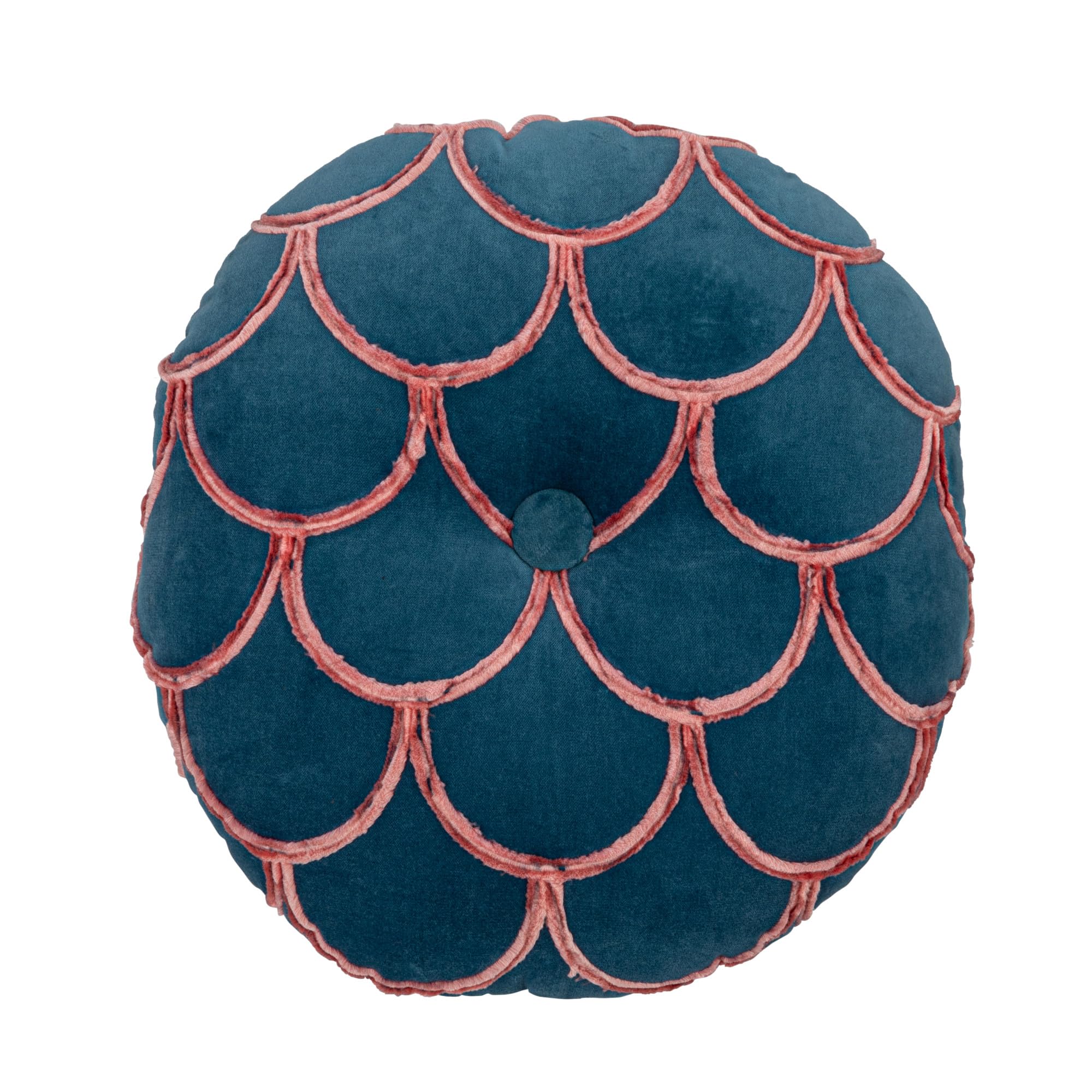 18 Inches Round Cotton Pillow with Tufted Scallop Pattern, Navy Blue and Pink