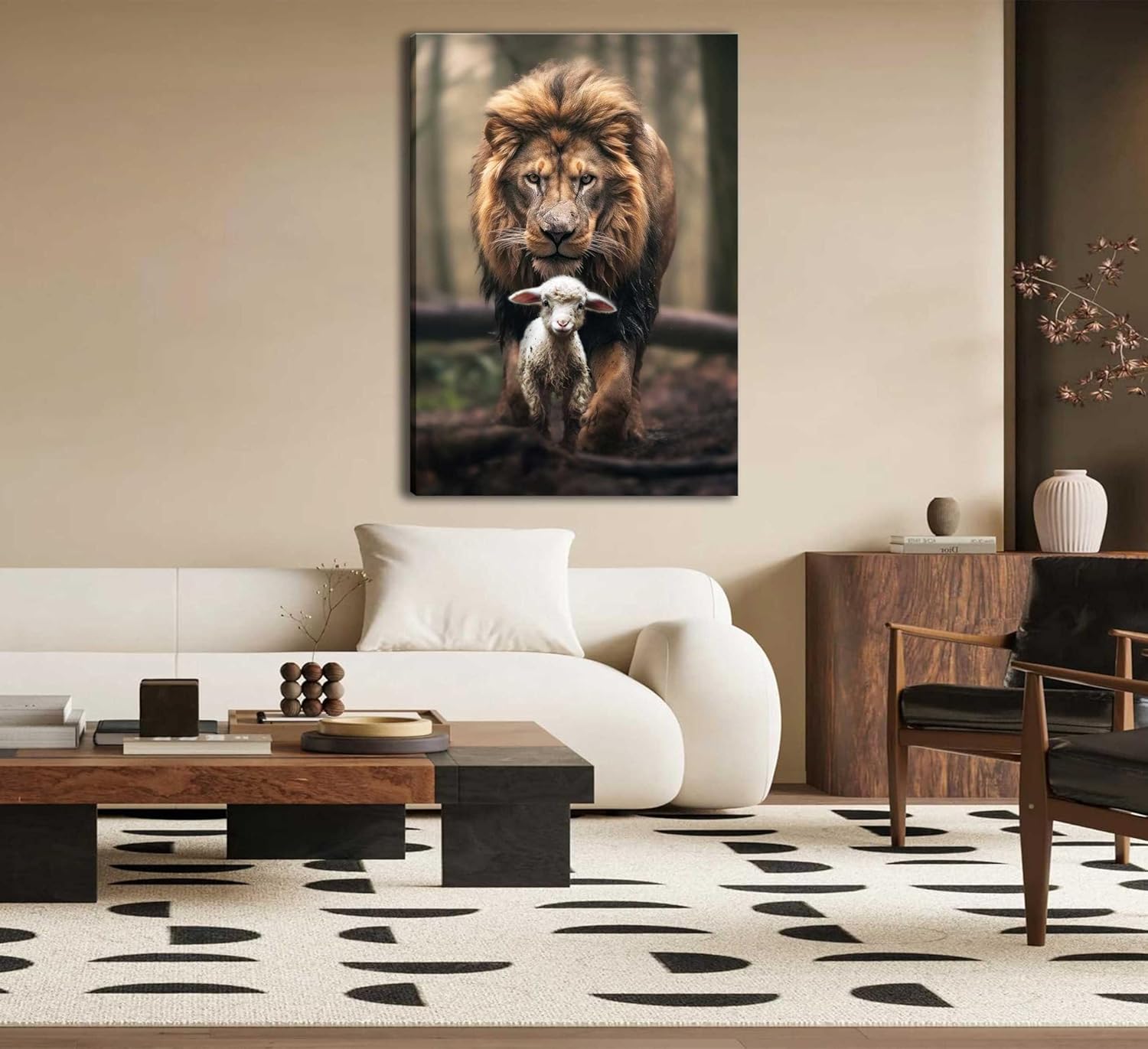 Skiennix Framed Lion and Lamb Canvas Wall Art - Christian Jesus Poster for Living Room & Bedroom Decor