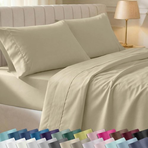 California Design Den Queen Size Bed Sheets Set - 100% Cotton, Silky Smooth Sateen, Deep Pockets, Beige