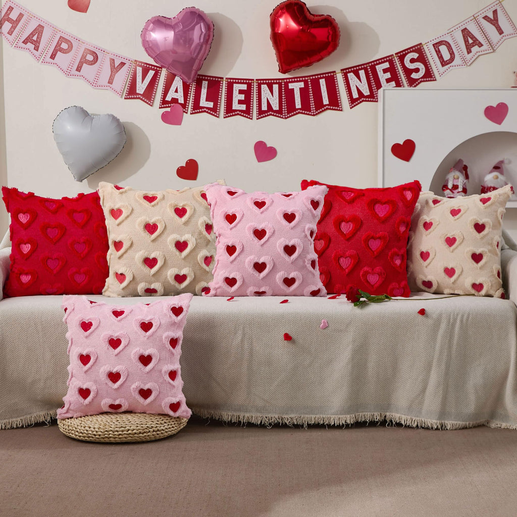 WKJZH Valentines Day Pillow Covers 18x18 Inch Set of 2 Pink Embroidery Beige Heart Decorative Beige Soft Plush Faux Wool Throw Pillows for Couch Sofa Bedroom Holiday Home Decor MRD01C45
