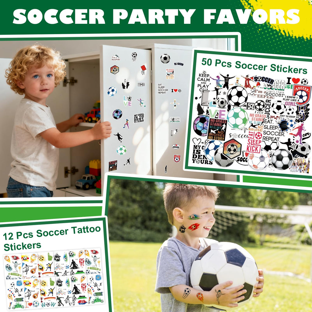 LaJasya 122 Pcs Soccer Party Favors Drawstring Bags Soccer Goodie Bag with Mini Ball, Wristband, Slap bracelets, Keychains, Stickers,Tattoo Stickers for Soccer Themed Party Supplies