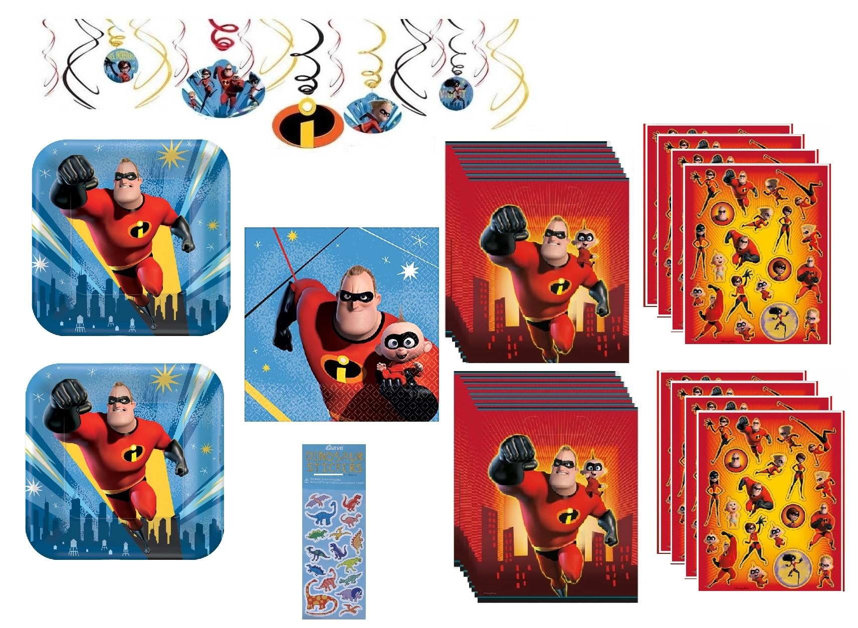 The Incredibles Birthday Party Supplies Bundle Pack Includes 16 Paper Plates, 16 Napkins, 12 Piece Hanging Swirl Decorations, 16 Loot Bags, 8 Sticker Sheets