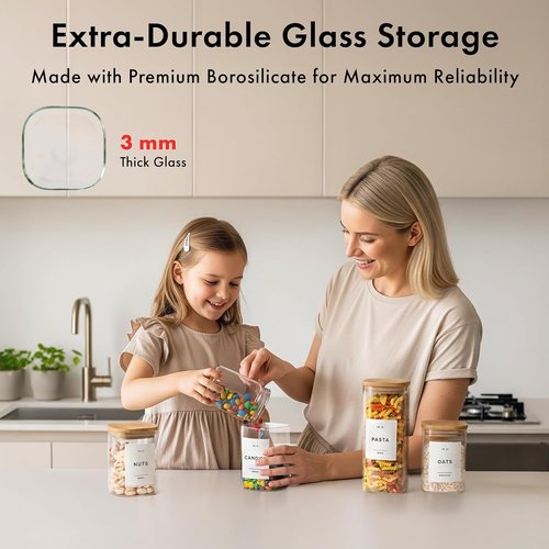EDELHAUS Glass Storage Containers - Airtight 12-Pack with Bamboo Lids | Stackable Kitchen Canisters (4x 30 oz, 8x 17 oz)