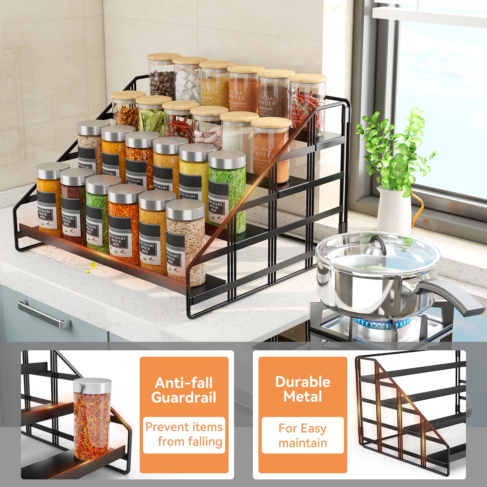 Bunoxea Spice Rack 4 Tier Kitchen Cabinet Organizer,Countertop Spice Rack,Tier Depth Adjustable Cabinet Shelf,Step Spice Organization Easy Visibility,Holds Seasoning and Condiments