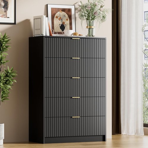 Furniway Black Dresser - Modern 5-Drawer Chest with Smooth Slides & Golden Handles | 15.7" D x 31.5" W x 47.2" H