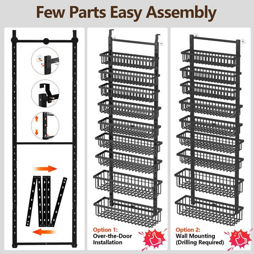 POKIPO 9 Tier Over The Door Pantry Organizer, 2 in 1 Wall Mount or Hanging Spice Rack with Adjustable Basket, Seasoning Organizer and Storage for Kitchen Cabinet Closet Bathroom