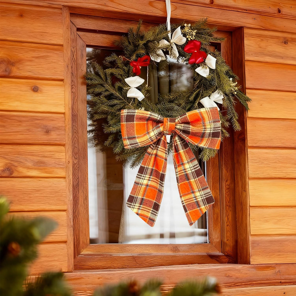 Skiennix Wreath Sash - Orange Plaid Garland Ribbon for Indoor/Outdoor Home Decoration