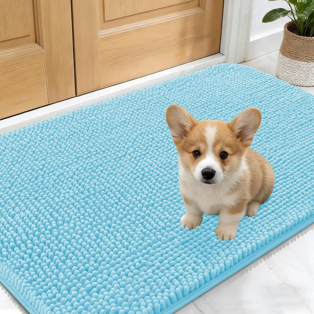 OLANLY Dog Door Mat - Absorbent Non-Slip Washable Chenille Mat for Muddy Paws | 24x16, Blue