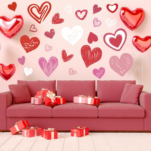 JarThenaAMCS 9 Sheets Valentine Wall Stickers Love Heart Wall Decals Large Room Mural Stickers for Wedding Anniversary Party, 7.9 x 11.8 Inch