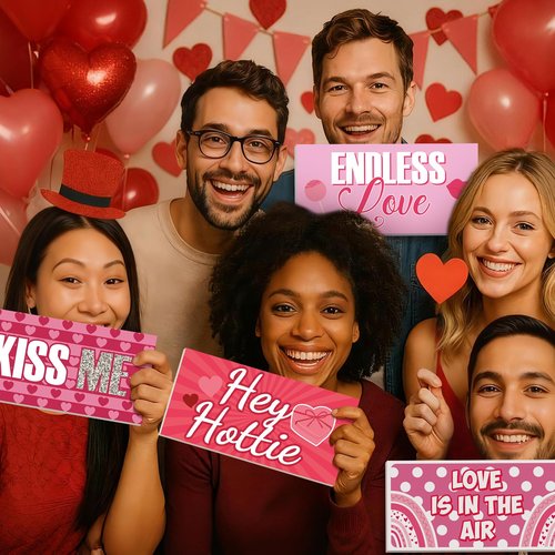 24 Designs Valentines Photo Booth Props Double Sided 11x5.5 Inch Valentine's Day Party Decorations for Photoshoot Photo Booth Props Waterproof Selfie Signs PVC for Galentines Wedding Party Supplies