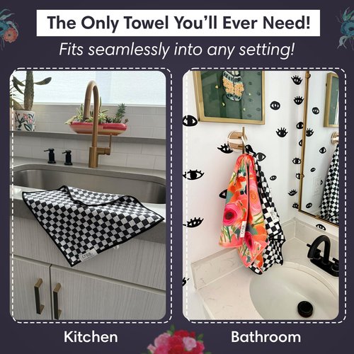 crae. Microfiber Hand Towel & Washcloth Set of 2 - Double-Sided, Waffle Weave, Super Absorbent, Lint-Free, Fast Drying - for Bathroom, Kitchen, Car, and Window Cleaning (Pia & Fonnie - Black/Pink)