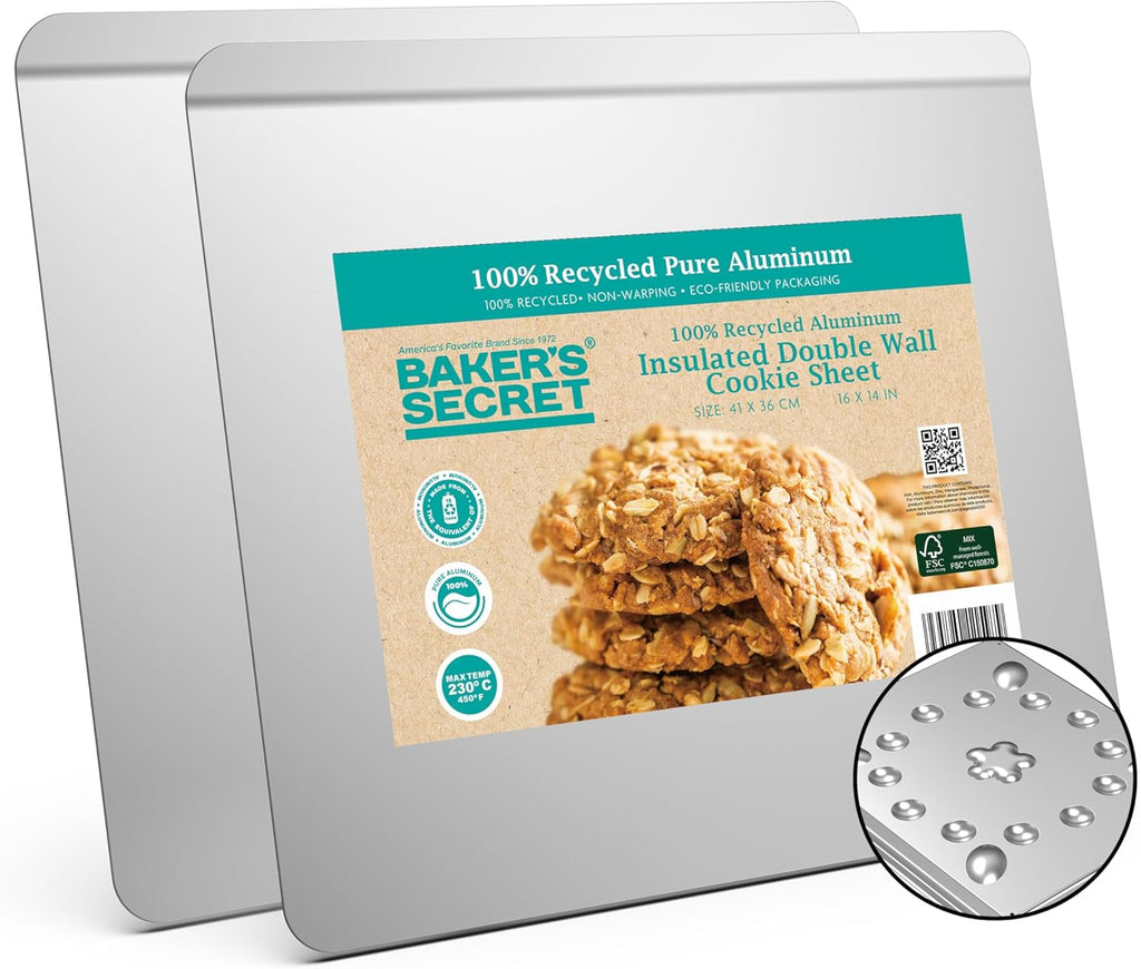 Baker's Secret Cookie Sheet Set - 2pcs Pure Aluminum Insulated Baking Trays | Commercial Grade, Extra Thick