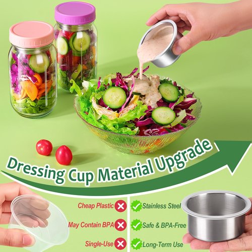 KTKUDY 6 Pack 32 oz Glass Salad Jars with Dressing Cups (Pod) - Meal Prep Salad Container for Lunch - Leakproof Mason Jars with Lids