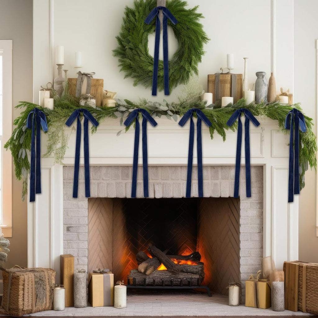Skiennix 24 Pcs Velvet Bows - Vintage Ribbon Bows for Christmas Tree & Crafts | Navy Blue (9 x 13 Inch)