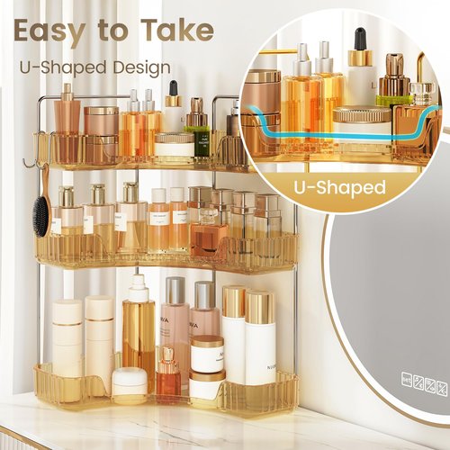 Kinkota Golden 3-Tier Corner Bathroom Organizer, Countertop Storage Shelf with Hooks | Makeup & Skincare Organizer for Bathroom Sink and Vanity Counter