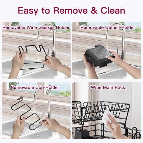 BOOSINY 2 Tier Black Large Stainless Steel Dish Drainers Drying Rack for Kitchen Counter with Drainboard, Rust Proof Metal, Space Saving, Modern Aesthetic, Compact Plates Strainers with Extra Mat