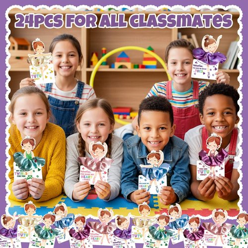 Valentines Day Cards for Kids School - 24 Pack Dance Valentines Cards with Hair Scrunchies, Ballet Valentine for Class Party Favors, Girls Valentine Gifts for Daycare Preschool Classroom Exchange
