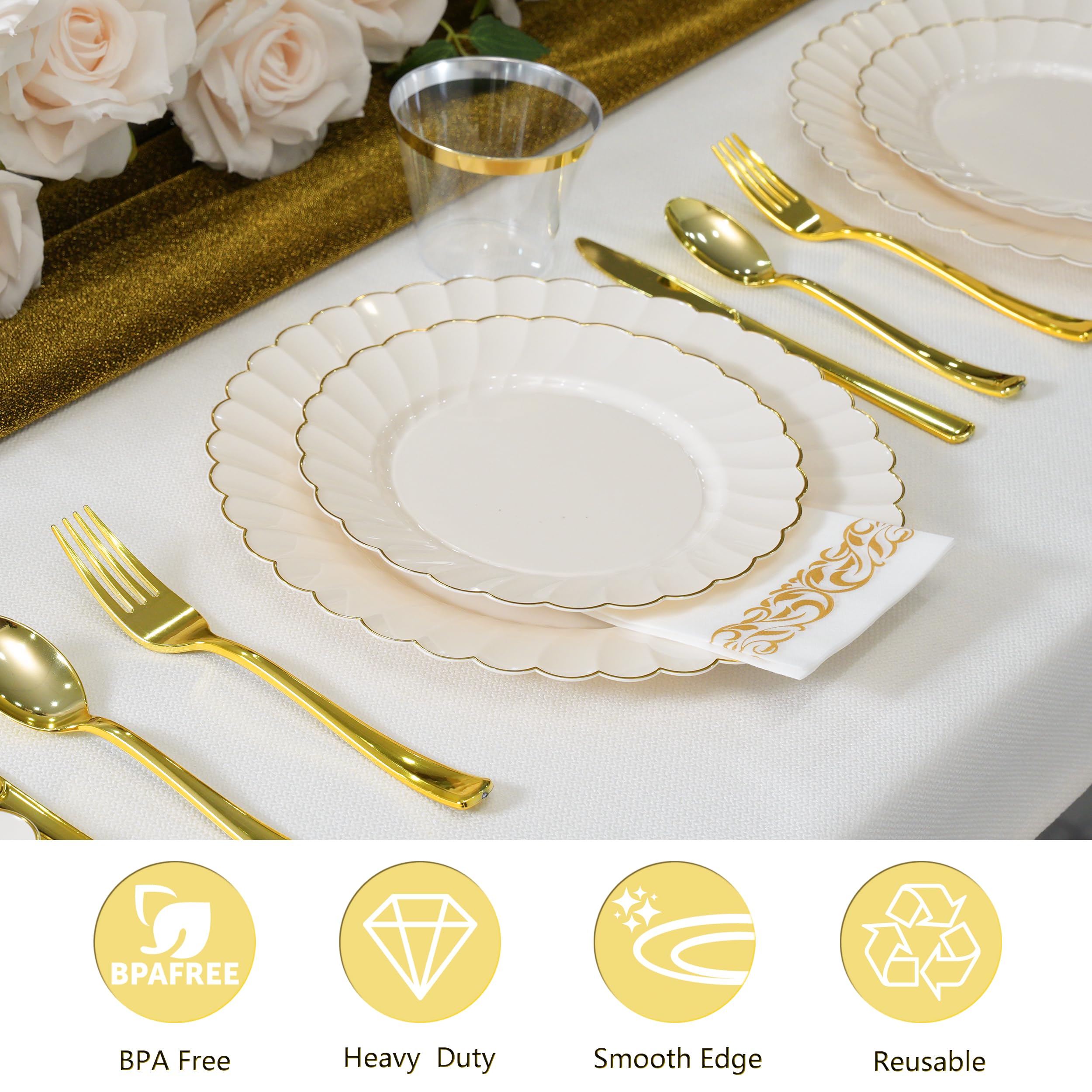 ISFANGCO175PCS Ivory Fancy Disposable Dinnerware Set-Ivory Scalloped Plastic Plates with Gold Rim -25 Dinner&25Dessert Plates, 75 Silverware Set, 25 Napkins and 25 Cups（25 Guests）