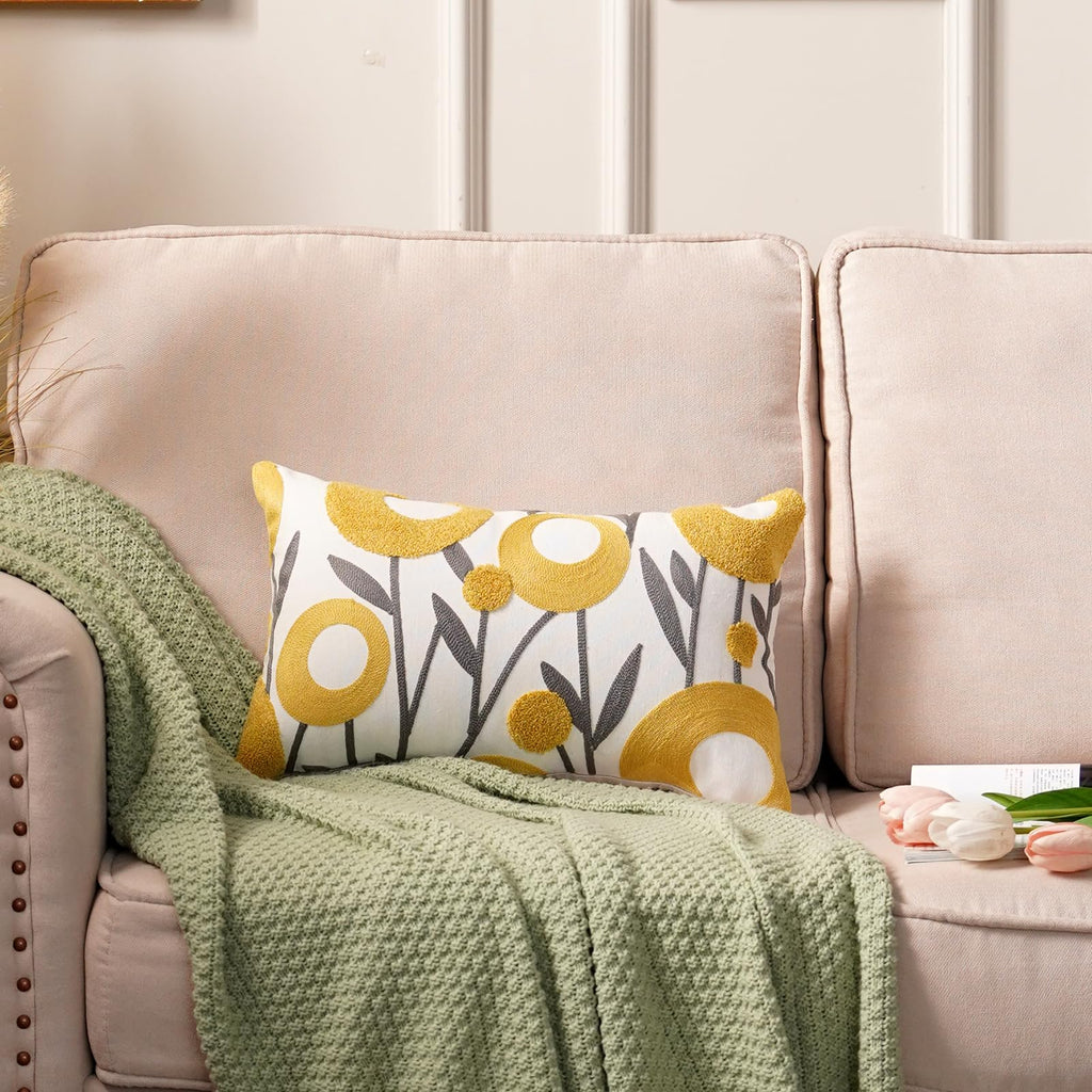 ARTMAGIC White Embroidery Floral Throw Pillow Covers Spring Summer Decorative Pillowcase Square Cushion Cover for Couch Sofa Bed Living Room Bedroom Decor (Yellow 02, 12" x 20")
