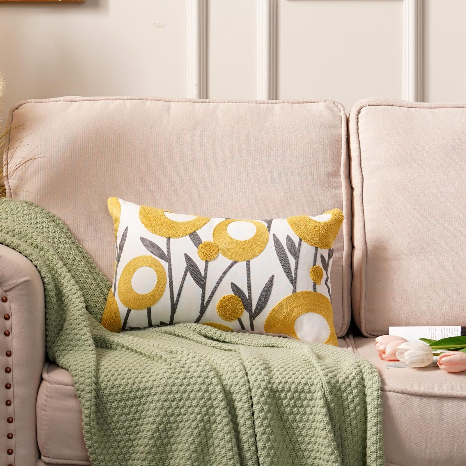 ARTMAGIC White Embroidery Floral Throw Pillow Covers Spring Summer Decorative Pillowcase Square Cushion Cover for Couch Sofa Bed Living Room Bedroom Decor (Yellow 02, 12" x 20")