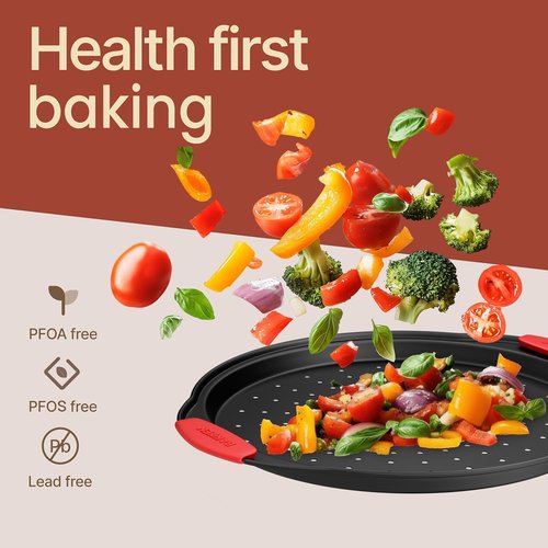 Bakken Pizza Baking Pan - Round Non-Stick Carbon Steel with Oversized Silicone Handle | 2 Pack