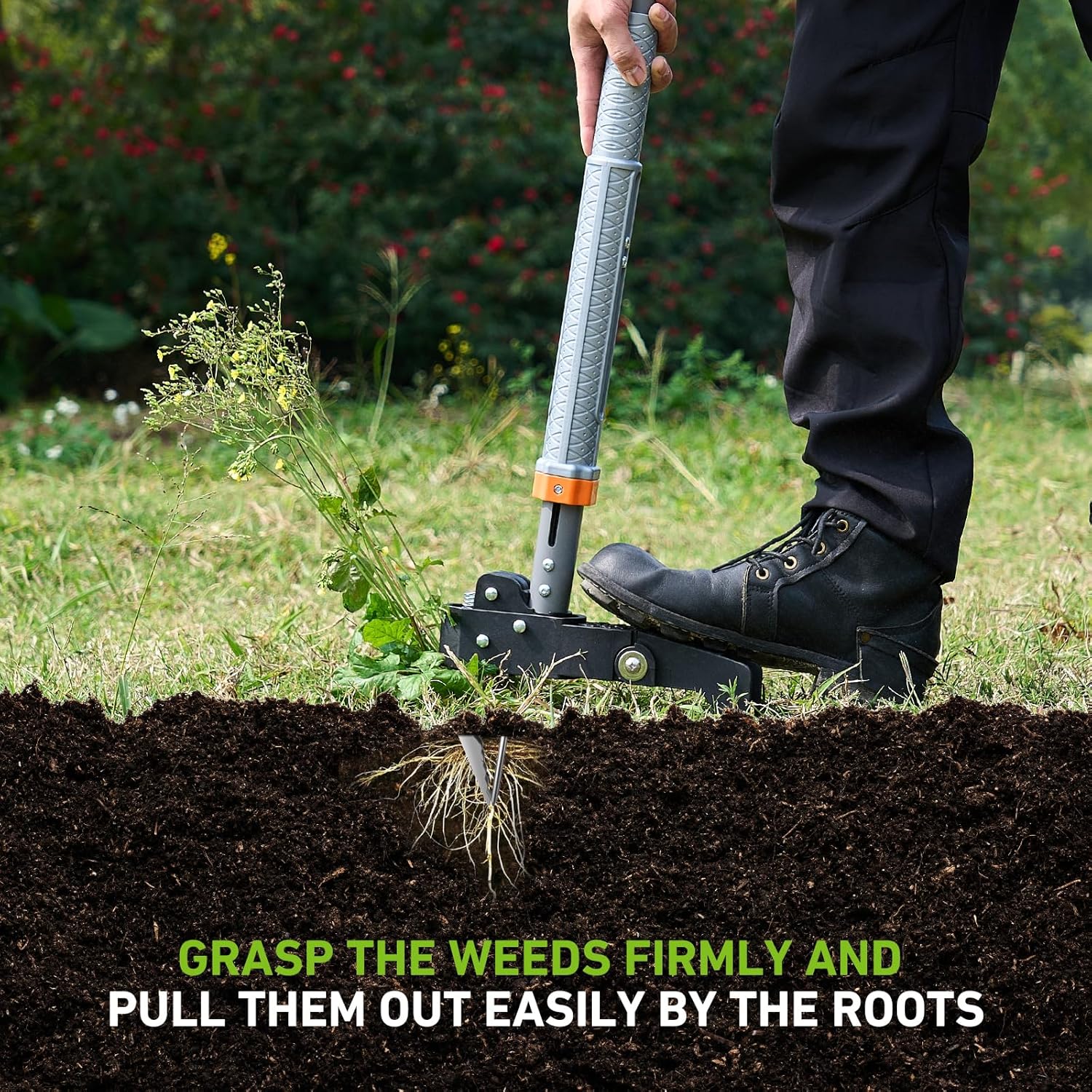 Stand Up Weed Puller Tool by [Brand Name] - 4-Claw Steel Head, 39"-46" Adjustable Handle for Effortless Weeding