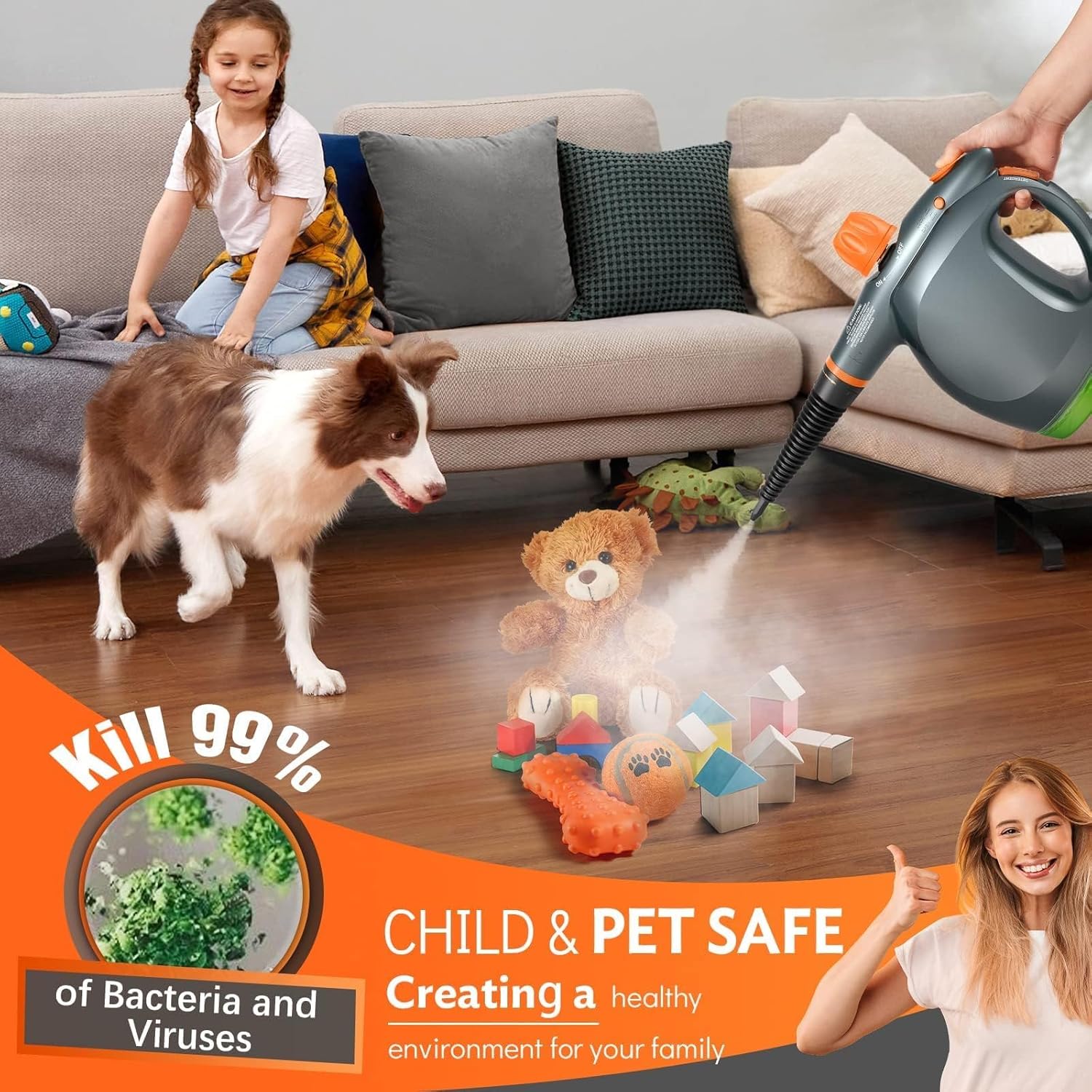 Skiennix 1250W Handheld Steam Cleaner - Multifunctional Pressurized Steamer with Detergent Container & Safety Lock for Kitchen, Bathroom, Windows & Floors