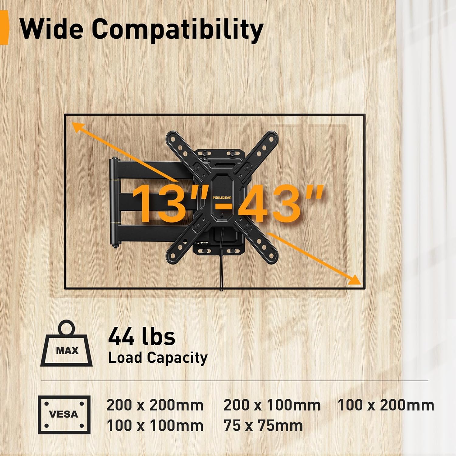 Perlegear Lockable RV TV Mount - Full Motion for 13–43 Inch TVs Up to 44 lbs | Swivel, Tilt, Pull Cord Lock