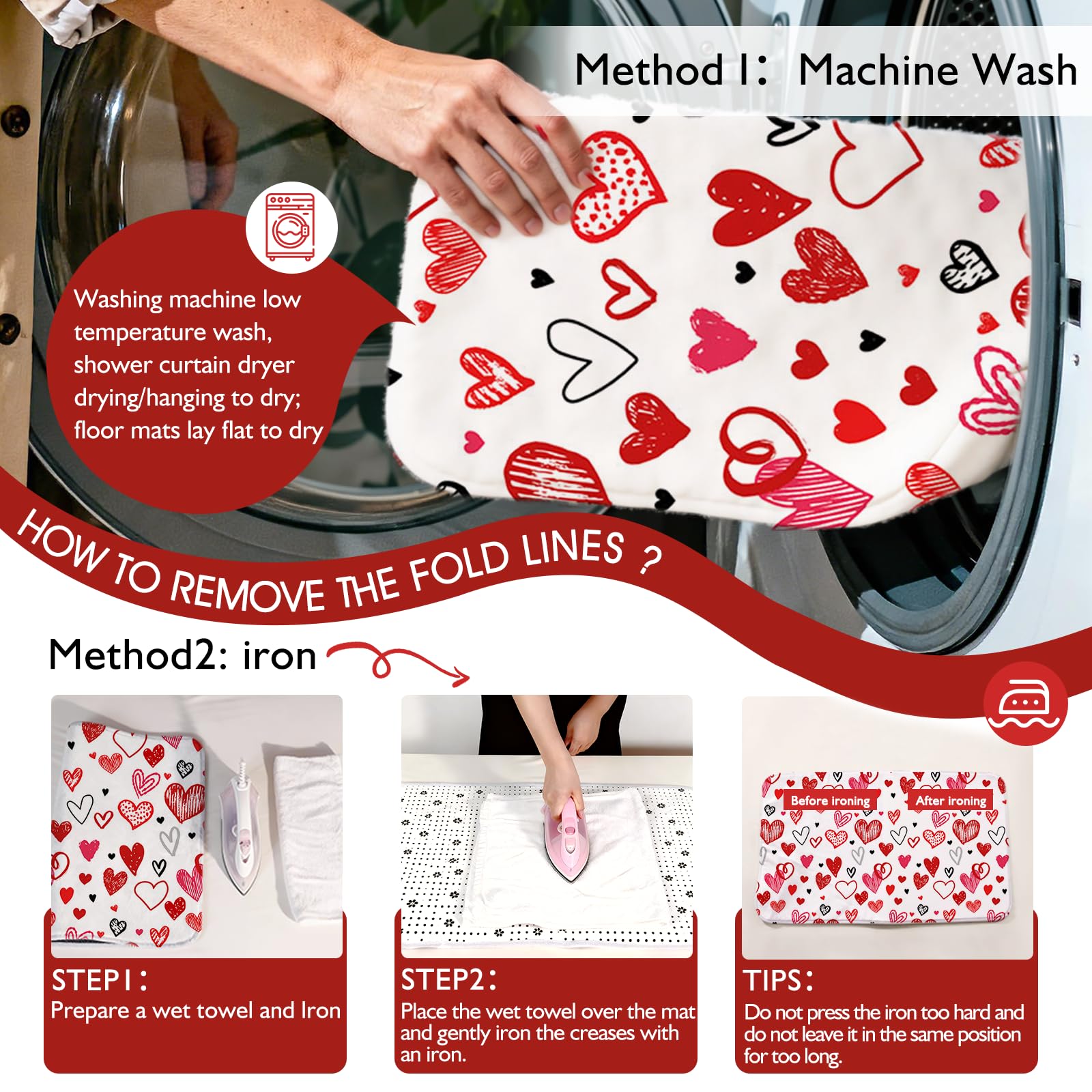 Mocsicka Valentines Shower Curtain Set for Bathroom, 4Pcs Doodle Style Red Heart Valentine Bathroom Sets with Non Slip Rugs, Toilet Lid Cover, Bath Mat, Shower Curtain, Bathroom Decor with 12 Hooks