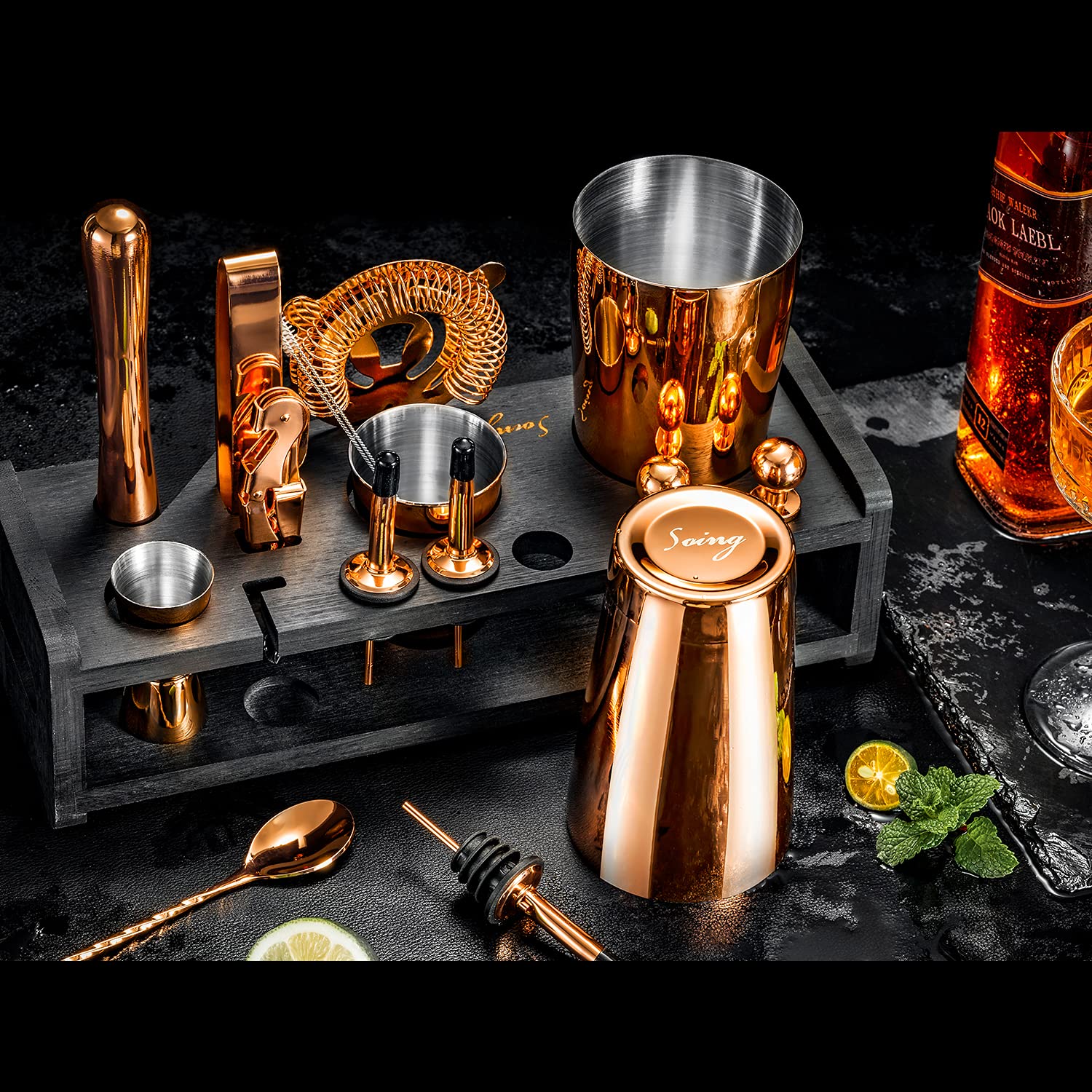 Soing 24-Piece Cocktail Shaker Set,Perfect Home Bartender Kit for Drink Mixing,Stainless Steel Bar Tools With Stand,Velvet Carry Bag & Recipes Cards Included (Rose copper)