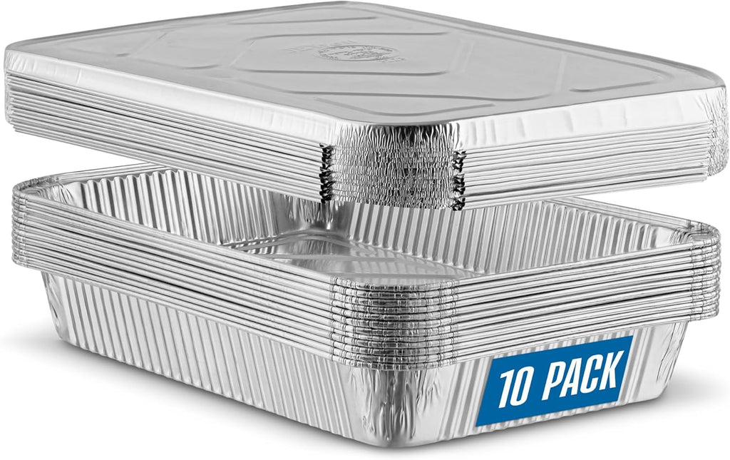 Plasticpro 12.5'' x 9'' Heavy-Duty Aluminum Pans - 10 Pack Disposable Foil Pans with Covers