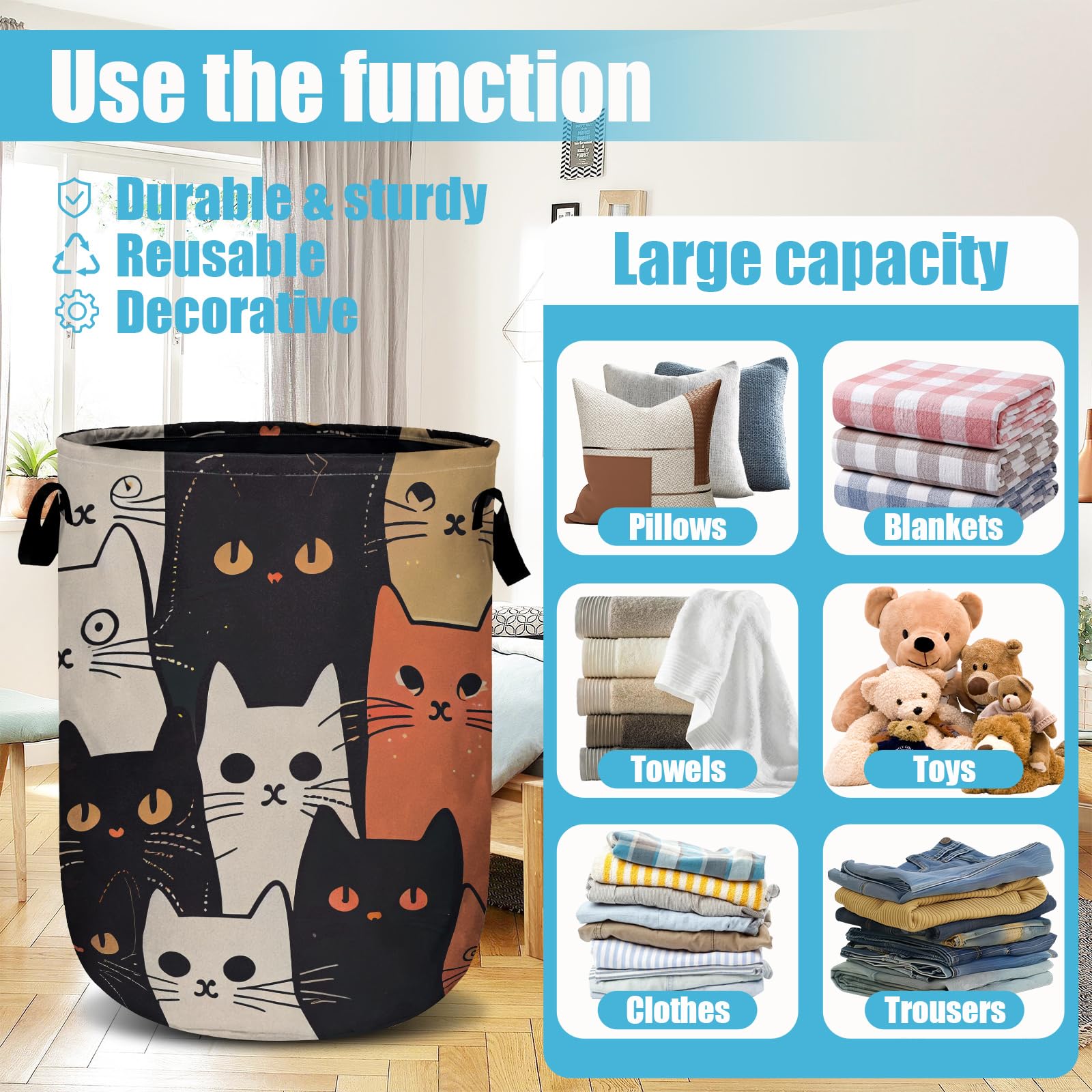 Watercolor Funny Cat Laundry Basket, Laundry Hamper Collapsible Oxford Cloth with Handle Clothes Storage Bin for Bathroom Laundry Room Bedroom 15.7 X 20 Inch