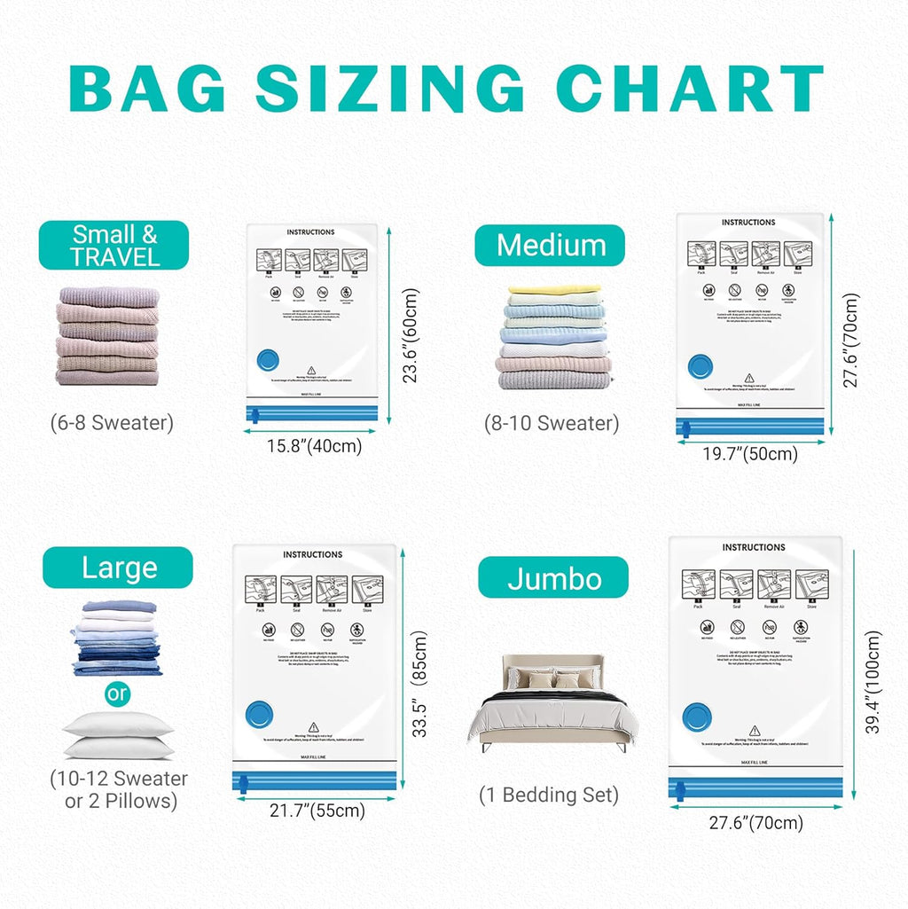 Skiennix Vacuum Seal Bags - 15 Pack Space Saver Storage for Clothing, Blankets & Travel | Hand Pump Included