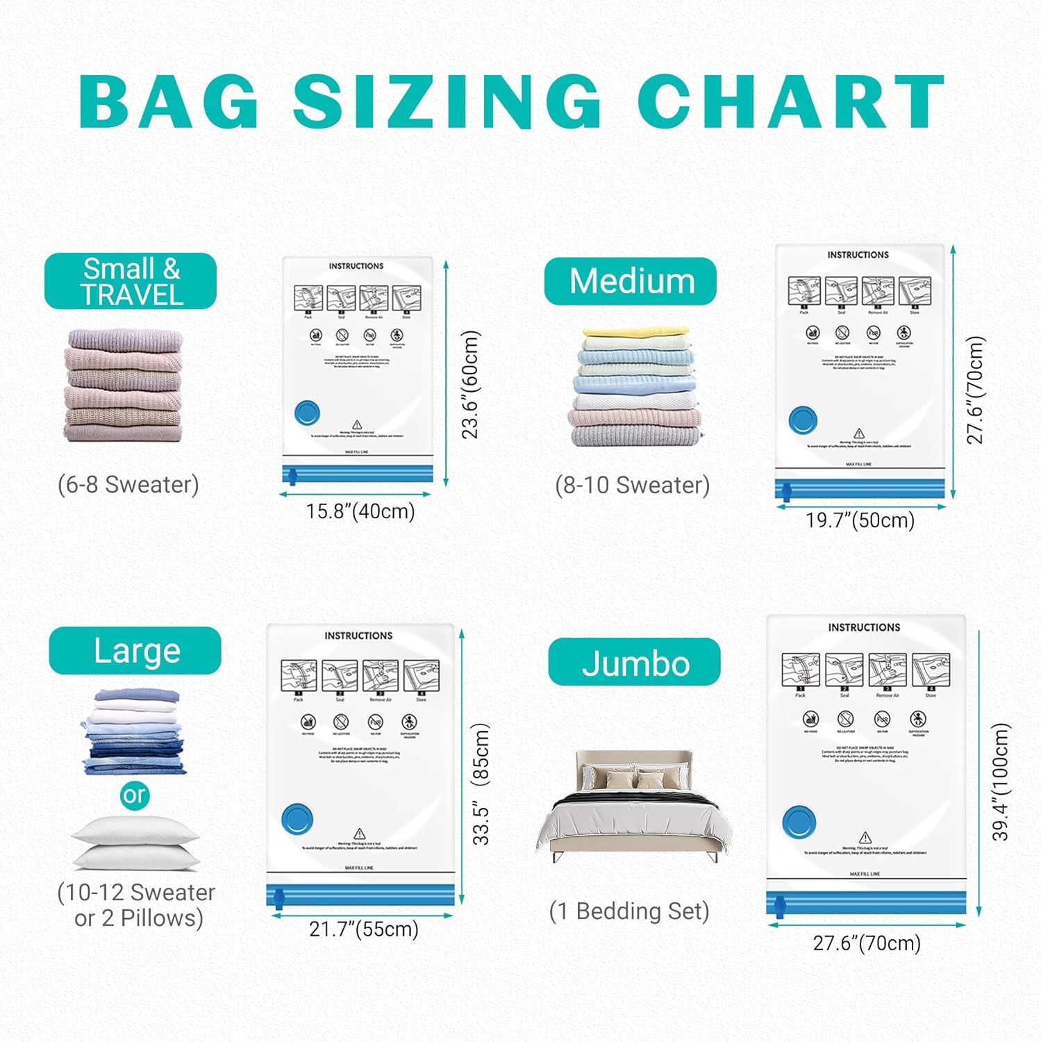 Skiennix Vacuum Seal Bags - 15 Pack Space Saver Storage for Clothing, Blankets & Travel | Hand Pump Included